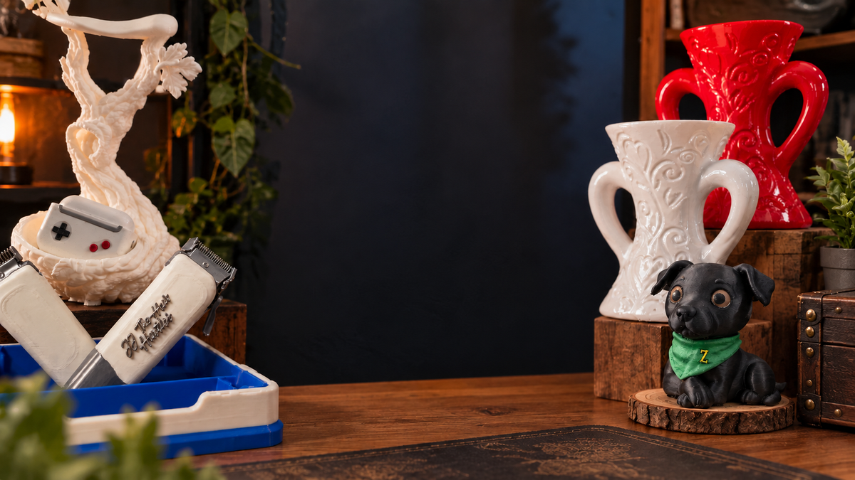 Gnomish Printz custom creations displayed in a warm workshop: gaming stands, clipper organizer, heart vases and a custom dog figure.